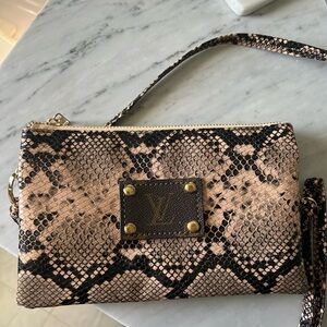 Vegan Leather Snakeskin Patterned Clutch with Louis Vuitton authentic patch